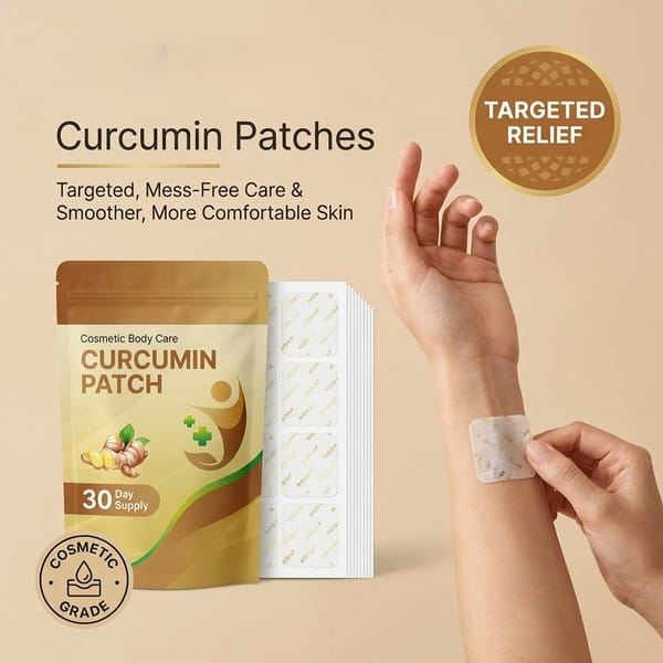 Aurenza Shop Curcumin Body Care Patches for targeted, mess-free daily skin relief, shown on a clean, natural skin background.
