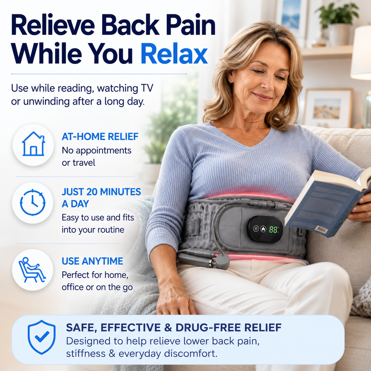 Aurenza Shop decompression and heat therapy belt shown on a model for back pain relief and muscle relaxation.
