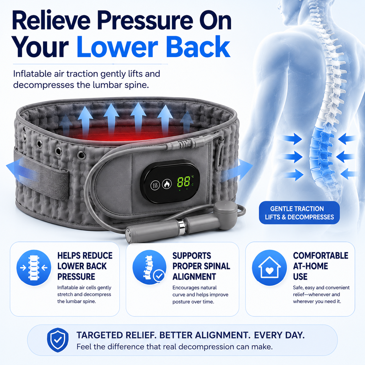 Aurenza Shop decompression and heat therapy belt, shown in use, providing spinal relief and warmth for back pain relief.