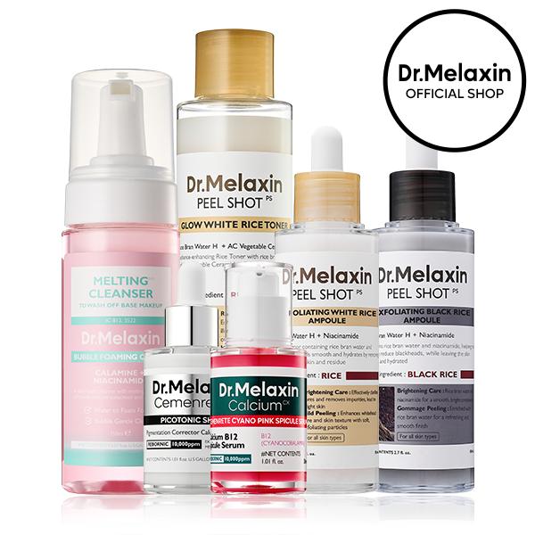Aurenza Shop Dr. Melaxin Glow Care Set featuring skincare products with brightening and soothing ingredients.