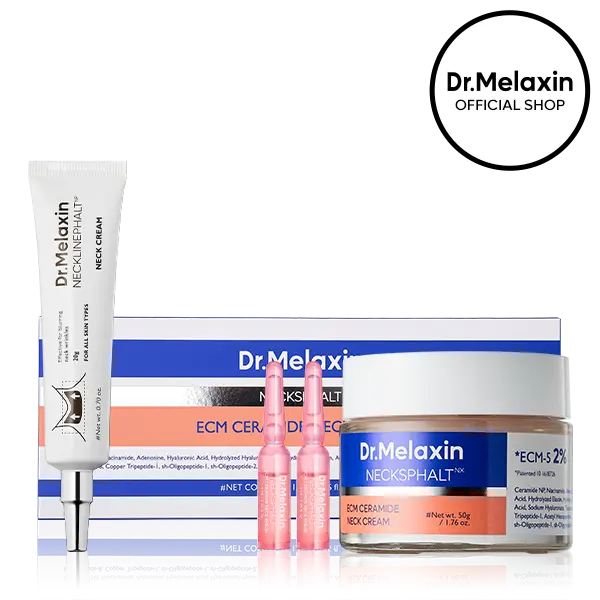 Aurenza Shop Dr.Melaxin Neck Wrinkle Set with skincare products, featuring bottles and jars for reducing neck wrinkles.