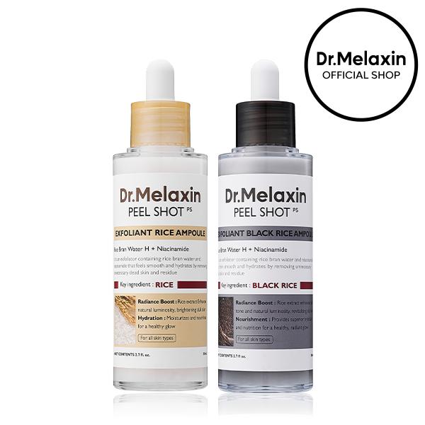 Dr.Melaxin Peel Shot Glow Rice Ampoule Duo in black and white bottles, featuring skincare serum for radiant skin.