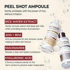 Dr.Melaxin Peel Shot Glow Rice Ampoule Duo in black and white bottles, featuring skincare serum for radiant skin.