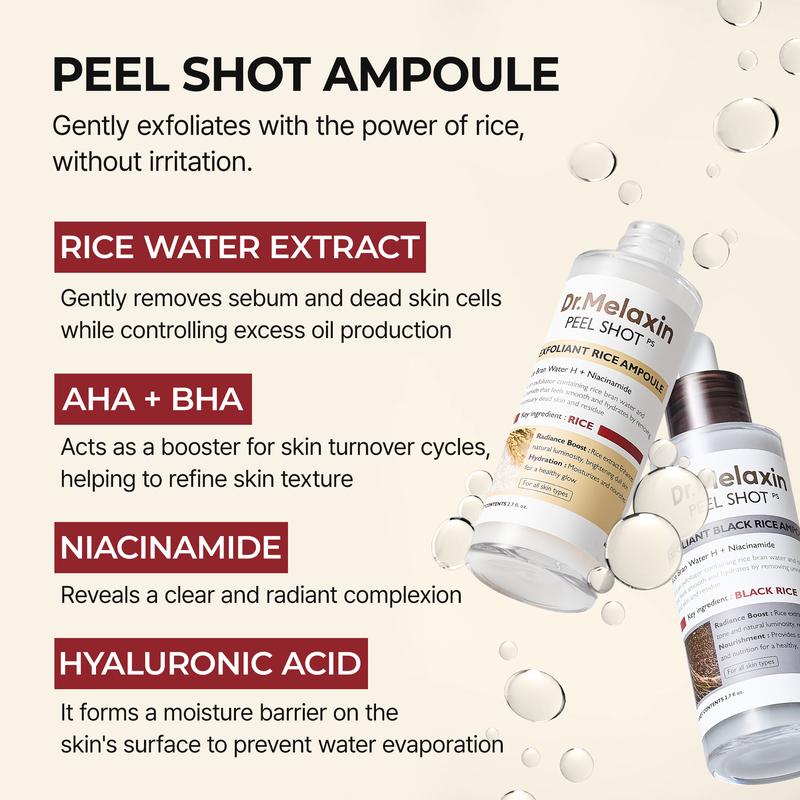 Dr.Melaxin Peel Shot Glow Rice Ampoule Duo in black and white bottles, featuring skincare serum for radiant skin.
