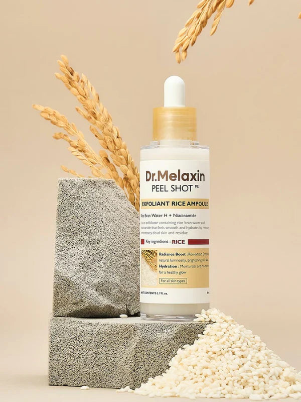 Dr.Melaxin Peel Shot Glow Rice Ampoule Duo in black and white bottles, featuring a sleek design and skincare branding.