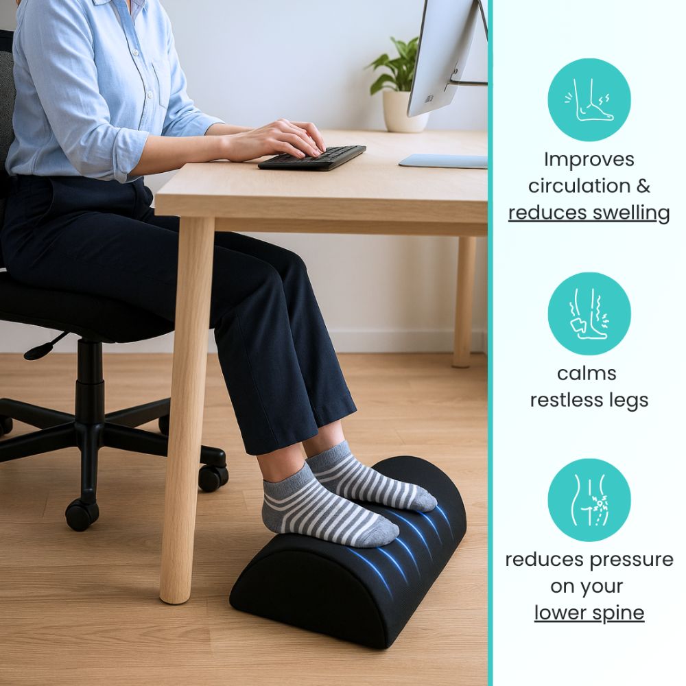 Aurenza Shop foot rest with supportive cushion and adjustable height for ergonomic comfort and improved posture.