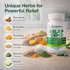 Aurenza Shop Hempvana Relief Gems in a small jar, showing natural herbal supplement capsules with a bright label.
