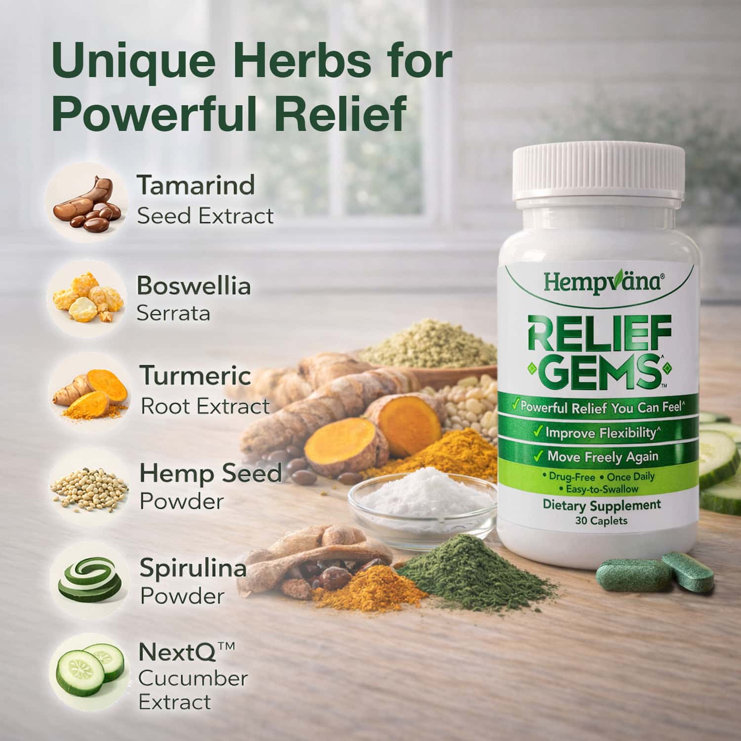Aurenza Shop Hempvana Relief Gems in a small jar, showing natural herbal supplement capsules with a bright label.