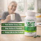Hempvana Relief Gems by Aurenza Shop, featuring soothing gel capsules with hemp extract for pain relief.