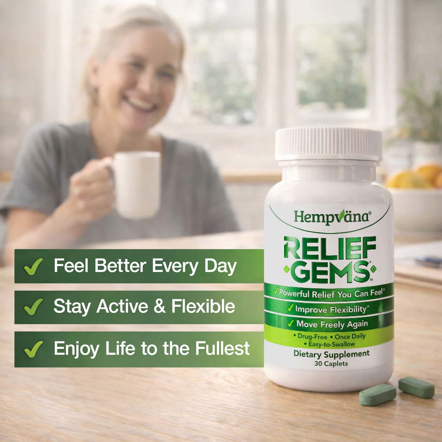 Hempvana Relief Gems by Aurenza Shop, featuring soothing gel capsules with hemp extract for pain relief.