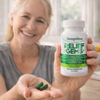 Aurenza Shop Hempvana Relief Gems in a clear container, showcasing small, colorful gel capsules for pain relief.