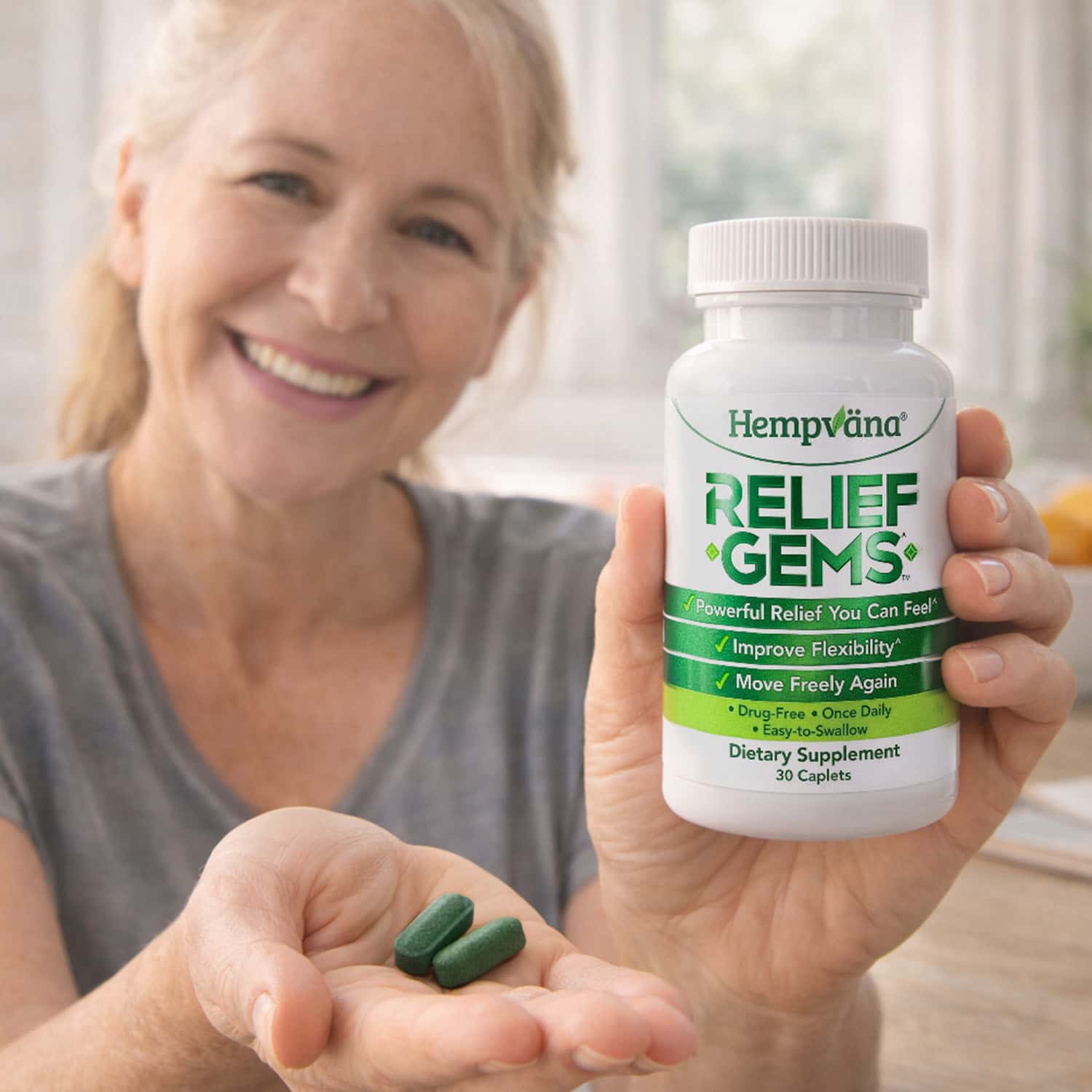 Aurenza Shop Hempvana Relief Gems in a clear container, showcasing small, colorful gel capsules for pain relief.