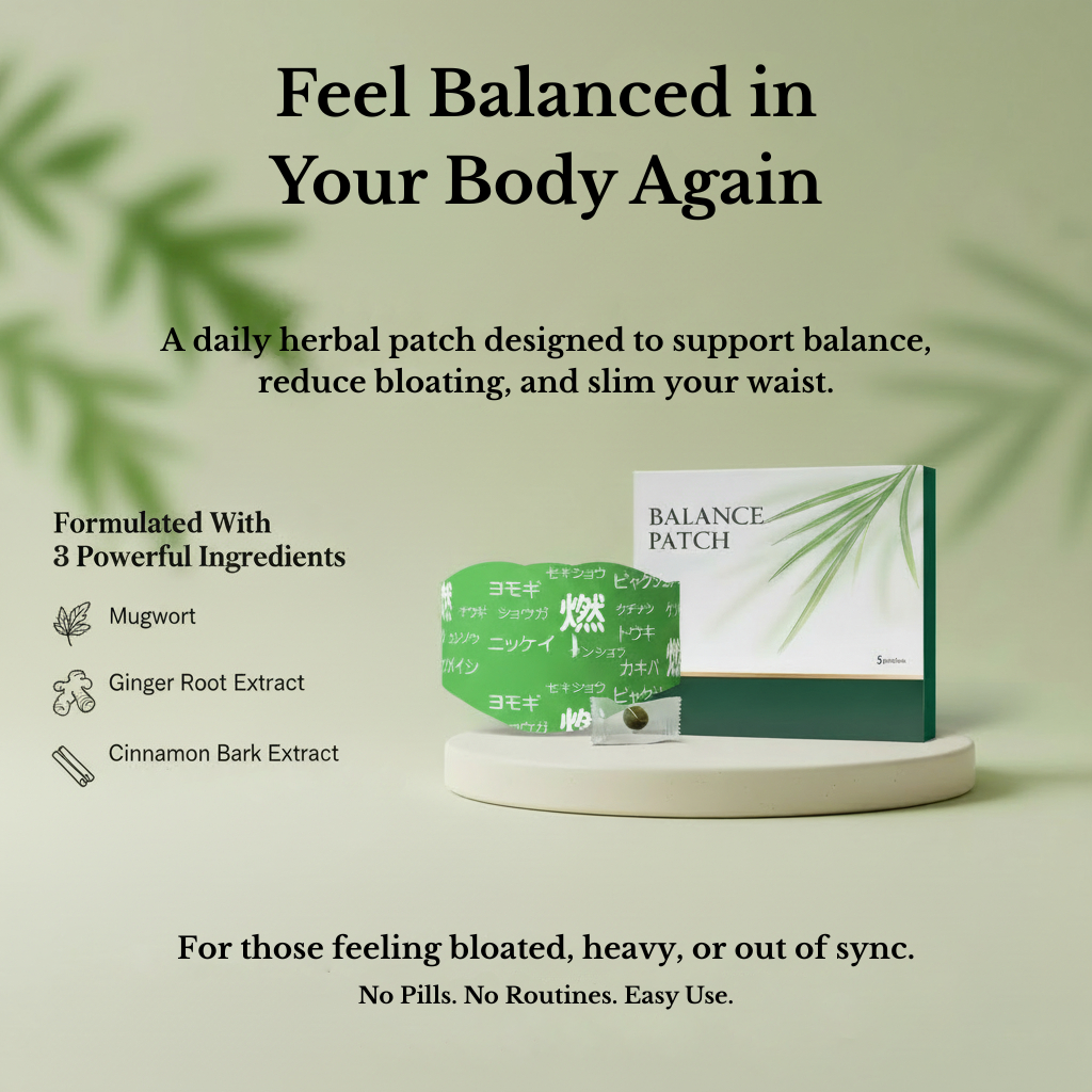Aurenza Herbal Balance Patch showing a close-up of the patch with herbal ingredients on a white background.