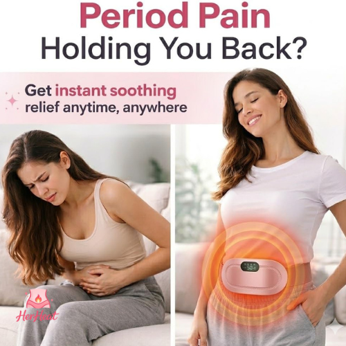 Aurenza HerGo portable heating pad with adjustable control, soft fabric cover, and compact design for on-the-go warmth.