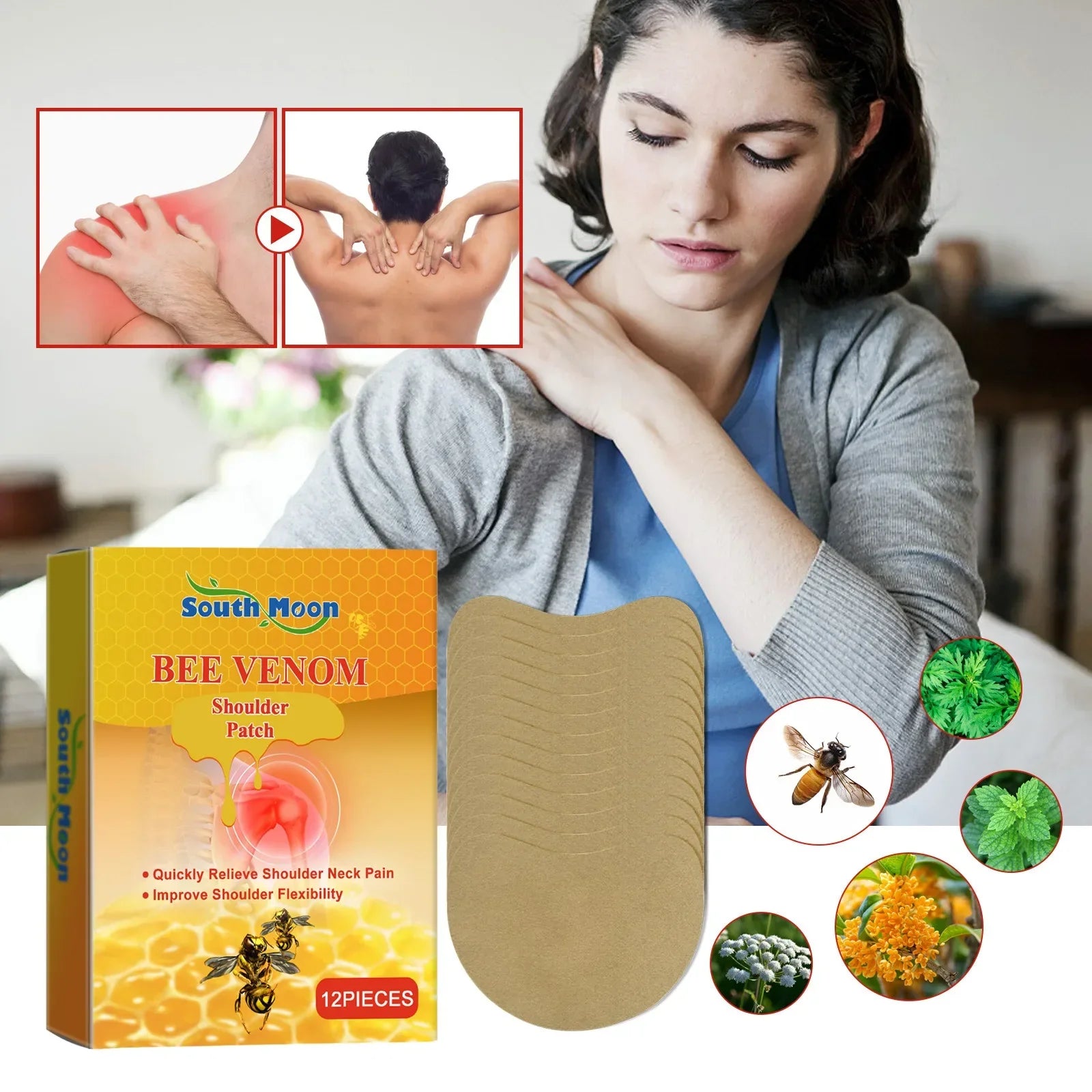 Aurenza Mugwort Warming Comfort Patches for neck, shoulder, and knees shown on a white background, designed for soothing warmth.