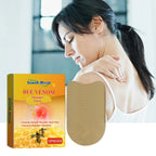 Aurenza Mugwort Warming Comfort Patches for neck, shoulders, and knees, showing patches applied to skin for soothing relief.