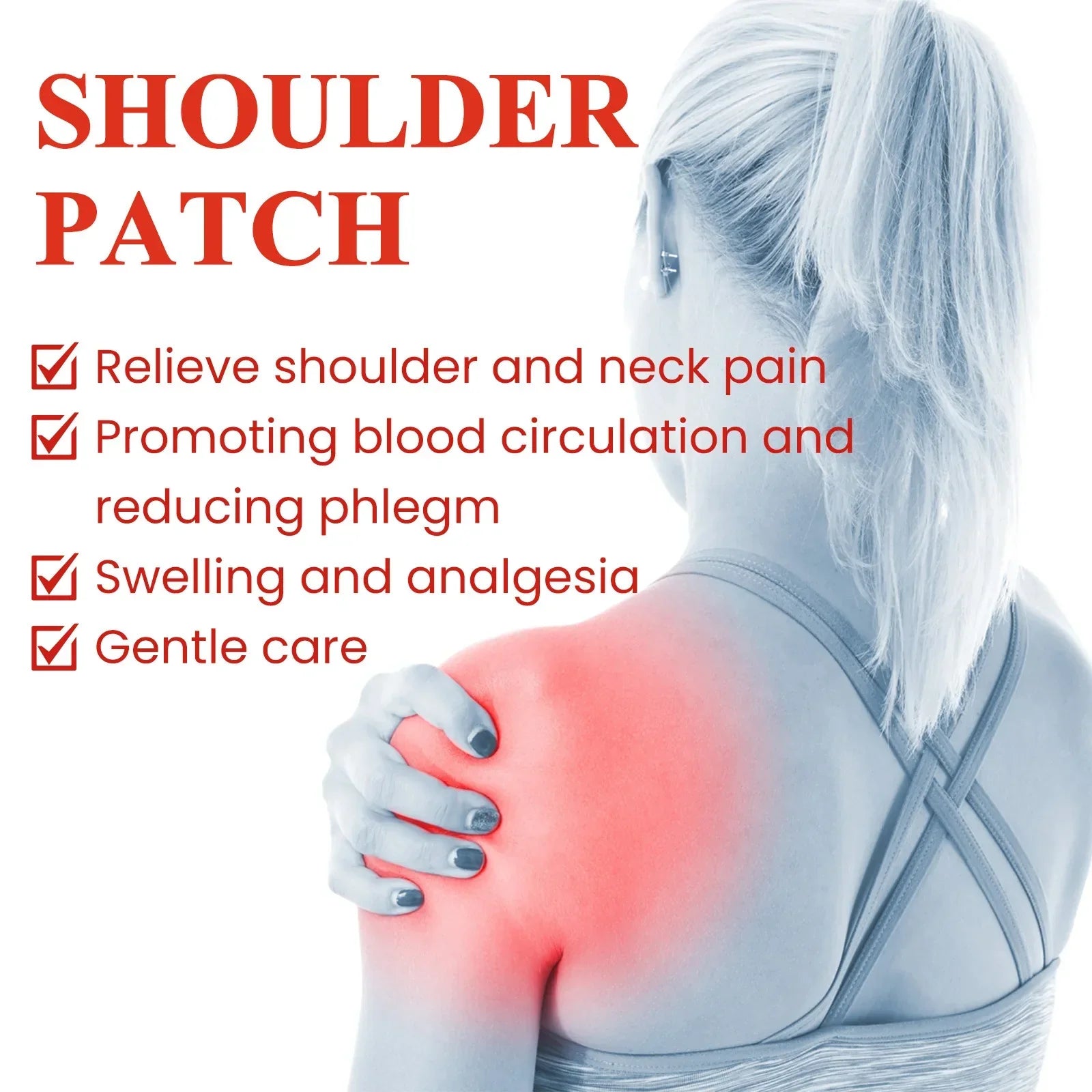 Aurenza Mugwort Warming Comfort Patches on neck, shoulder, and knee areas for soothing relief.