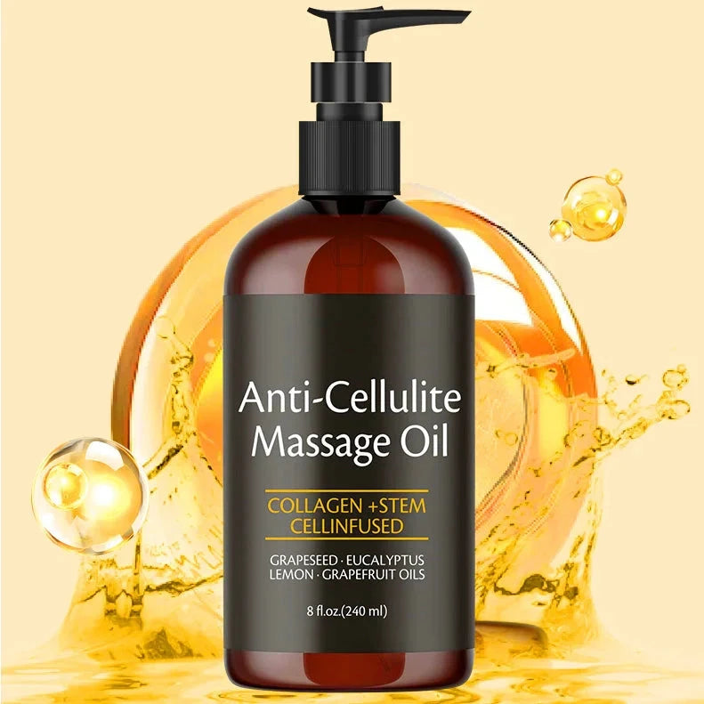 Aurenza Shop Naxurelle Cellulite Massage Oil bottle with label, designed for skin firming and cellulite reduction.