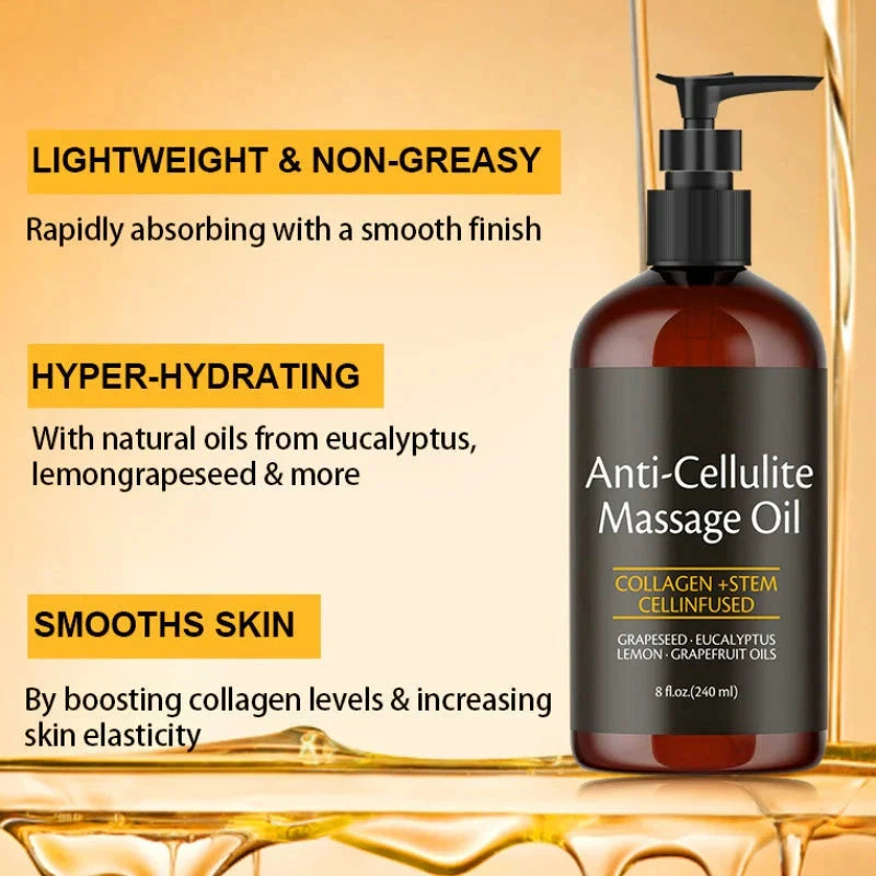 Naxurelle Cellulite Massage Oil by Aurenza Shop with a sleek bottle and natural ingredients for skin toning.