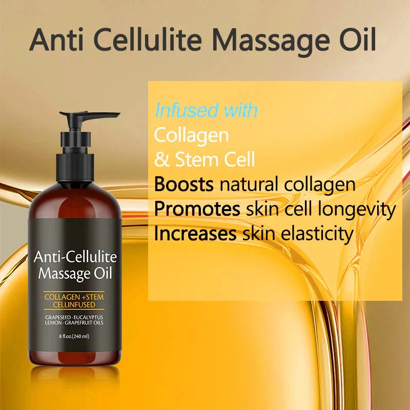 Aurenza Shop Naxurelle Cellulite Massage Oil bottle with pump dispenser, designed for skin firming and cellulite reduction.