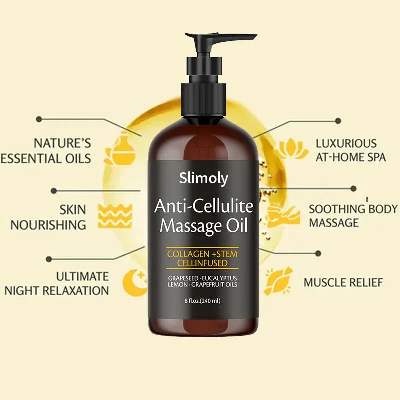 Aurenza Shop Naxurelle Cellulite Massage Oil bottle with label and pump, designed for skin firming and cellulite reduction.