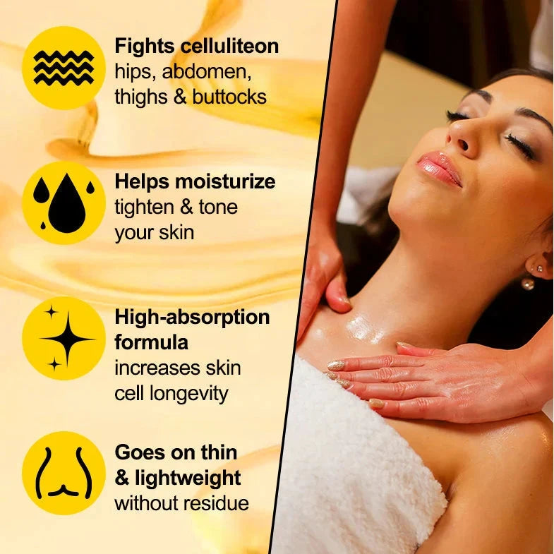 Aurenza Shop Naxurelle Cellulite Massage Oil bottle with a sleek label, suitable for skin tightening and cellulite reduction.