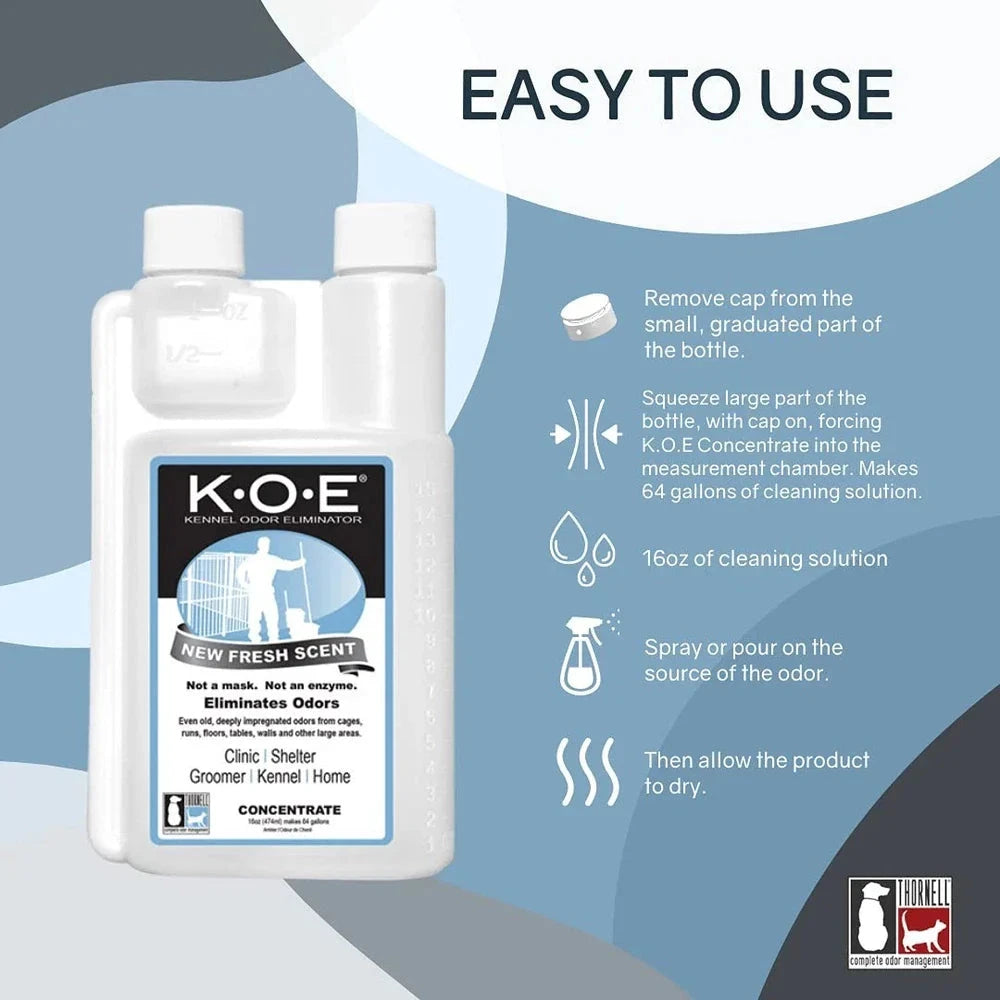 A 16 oz bottle of Odorcide K.O.E Kennel Odor Eliminator Concentrate by Aurenza Shop, with label showing product details.