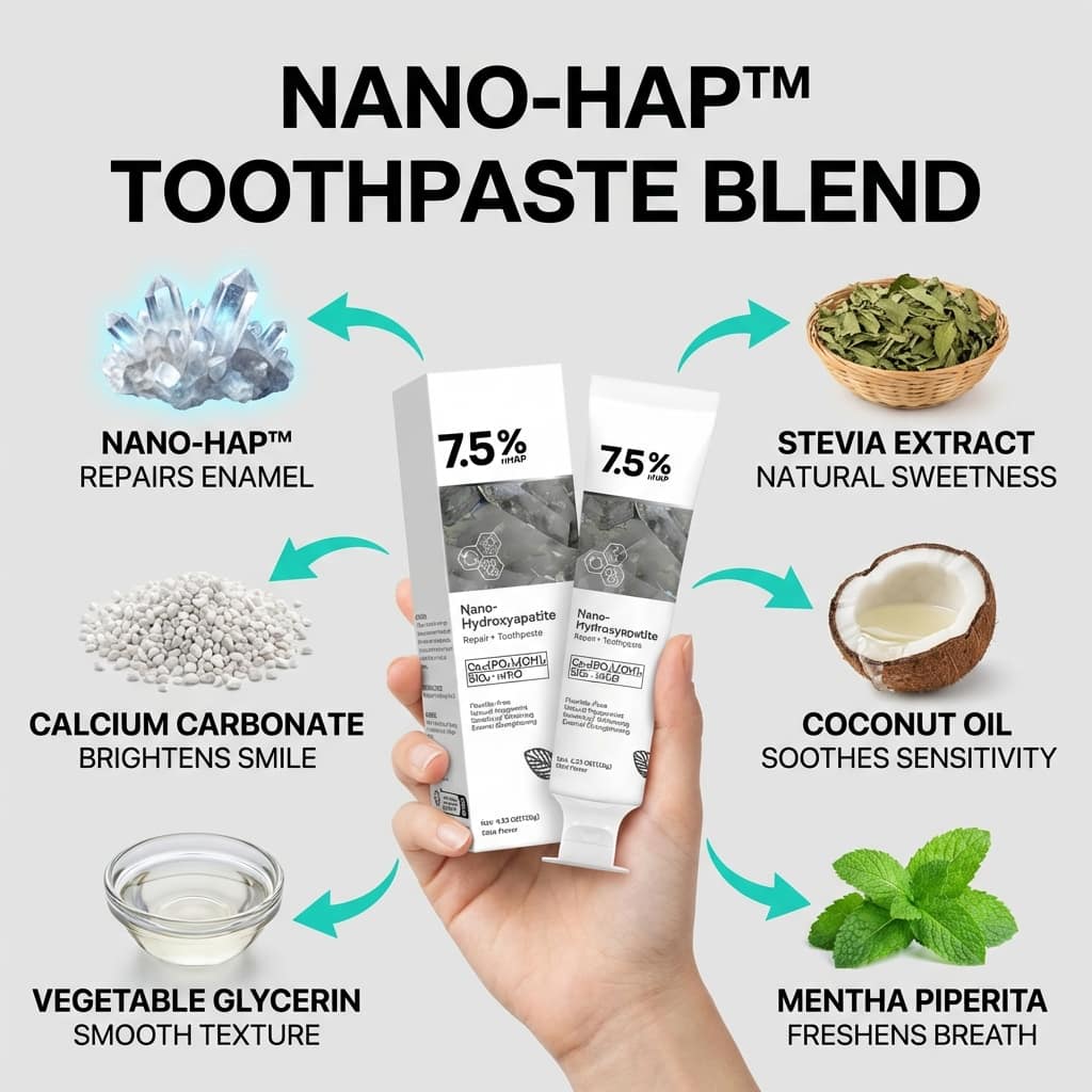 Aurenza Shop natural toothpaste for sensitive teeth, showing the tube with a focus on enamel rebuilding and gentle oral care.