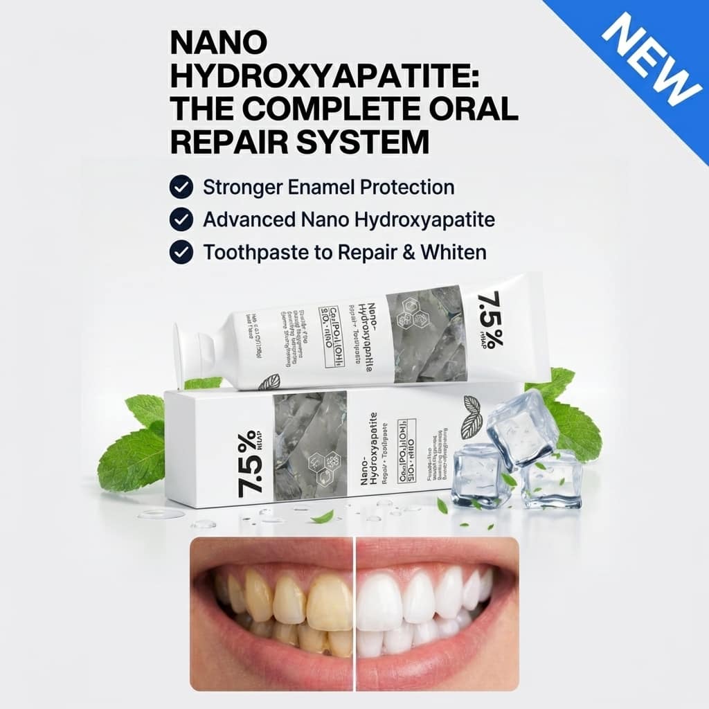 Aurenza Shop natural Risen toothpaste for sensitive teeth, showing a tube of enamel rebuilding toothpaste on a clean bathroom counter.
