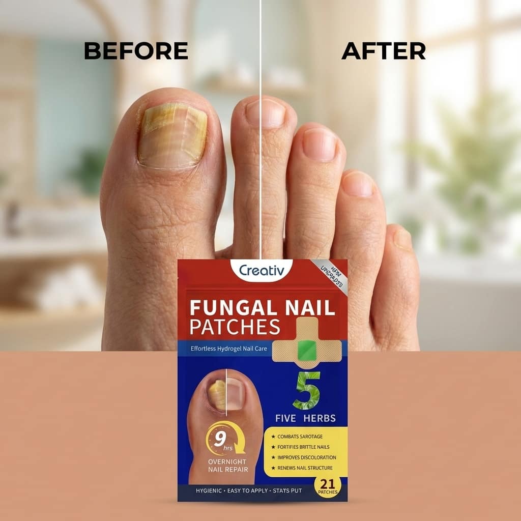 Aurenza Shop Repair Nail and Stop Yellow Fungus Fungus Premium Patch applied to a toenail, promoting fungal infection healing overnight.