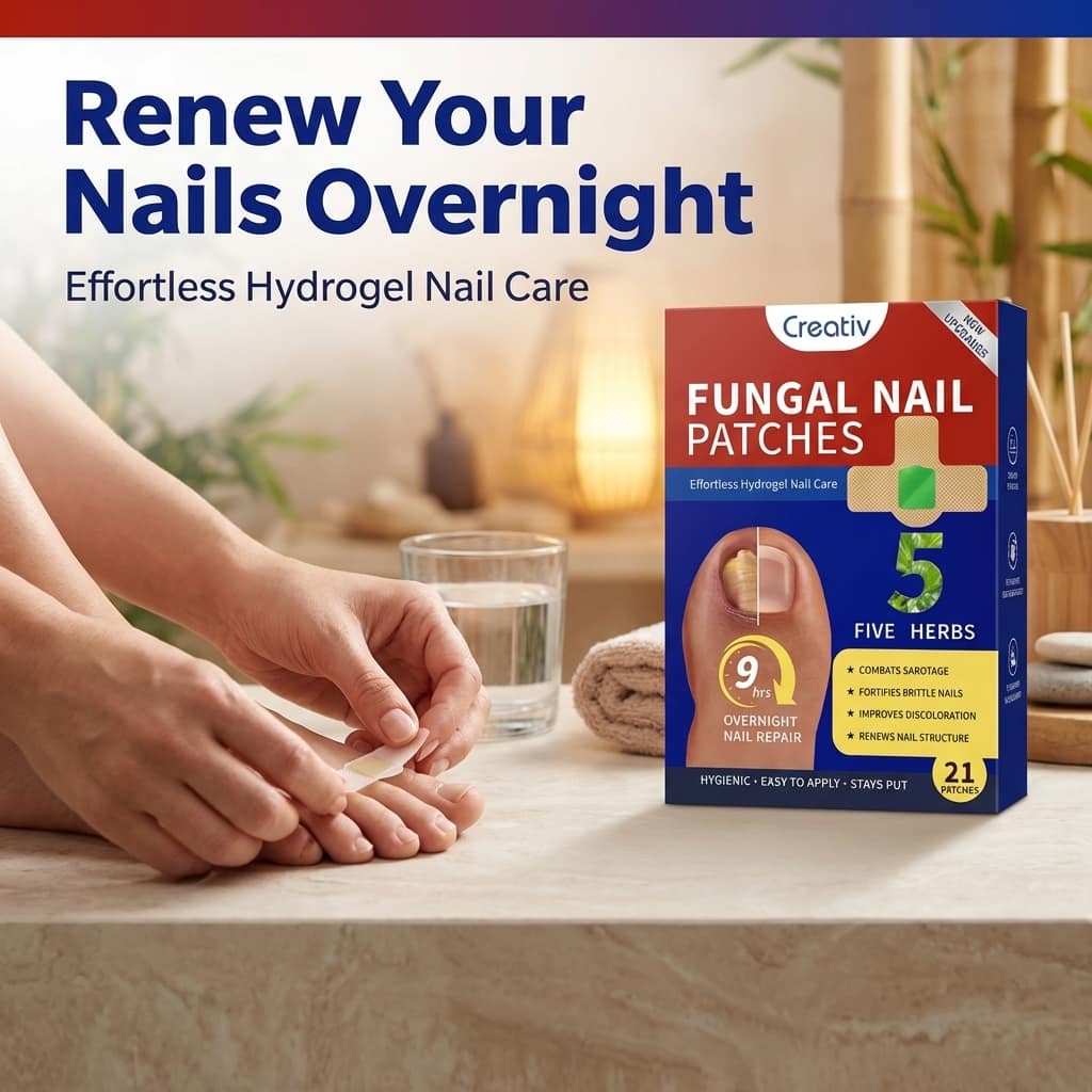 Aurenza Shop Repair Nail Fungus Patch applied to a toenail to stop yellow fungus while sleeping, promoting healthy nail recovery.
