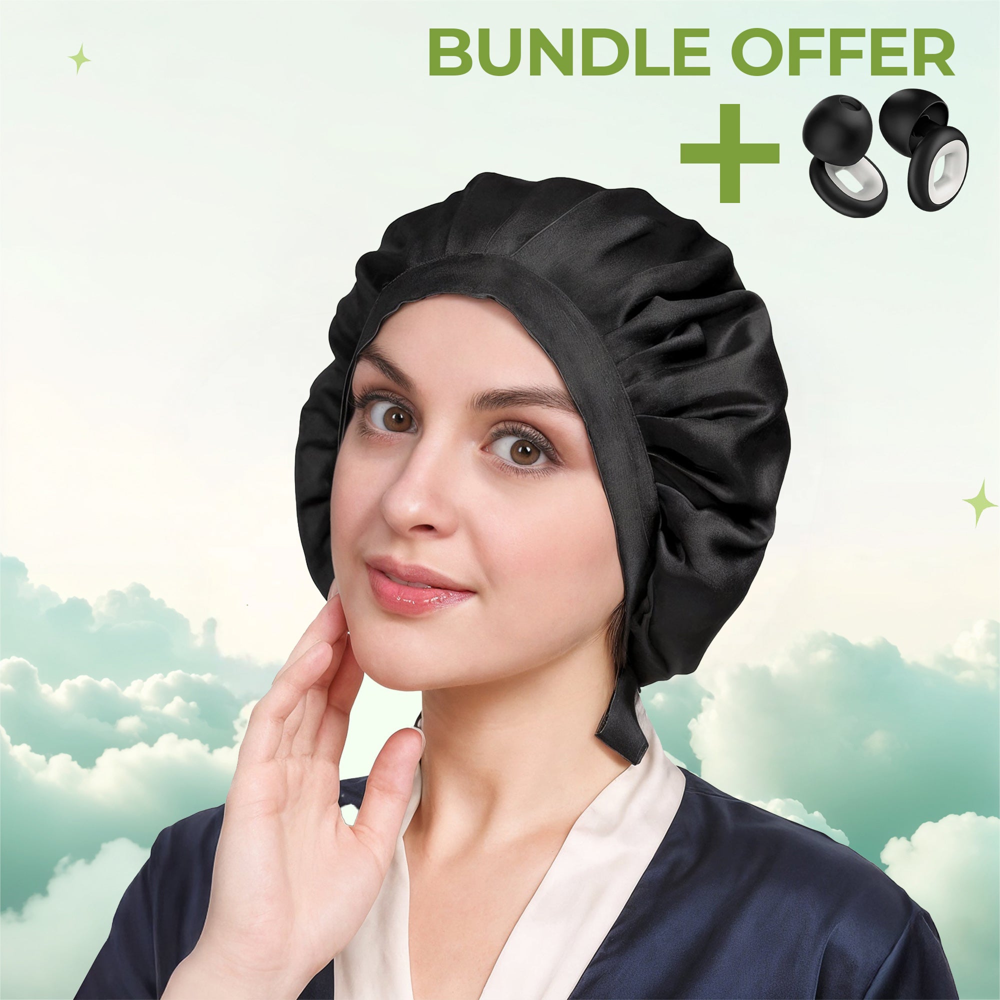 Aurenza Shop Sleep Upgrade Bundle featuring a silk bonnet and snoring noise cancellation plugs on a white background.