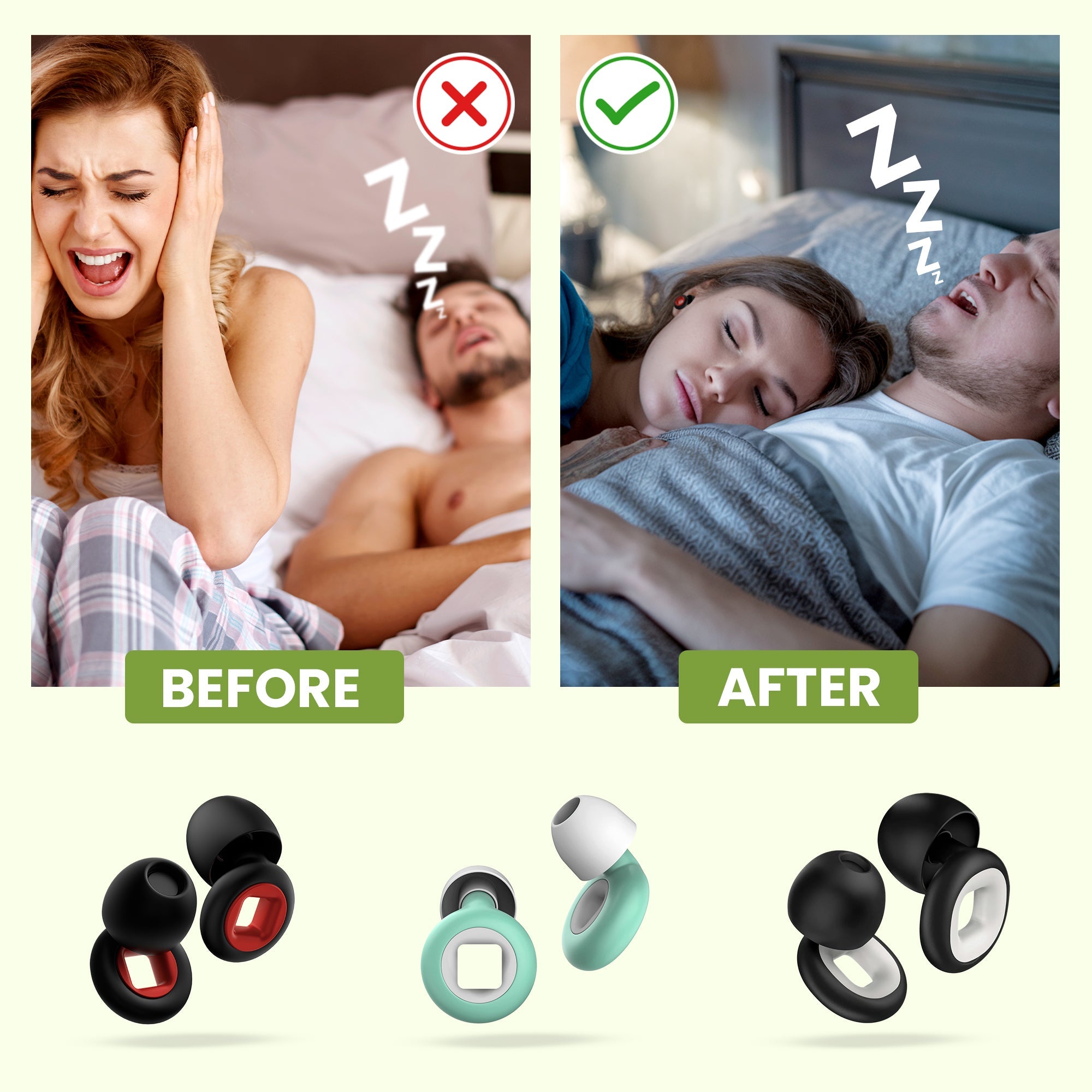 Aurenza Shop Sleep Upgrade Bundle featuring a silk bonnet and snoring noise cancellation plugs on a soft fabric background.