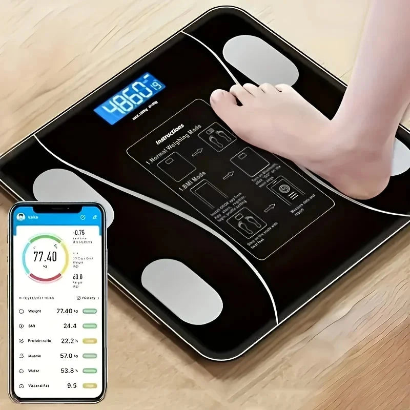 Aurenza Shop smart digital scale with LED display showing weight up to 400 lbs on a clean bathroom floor.