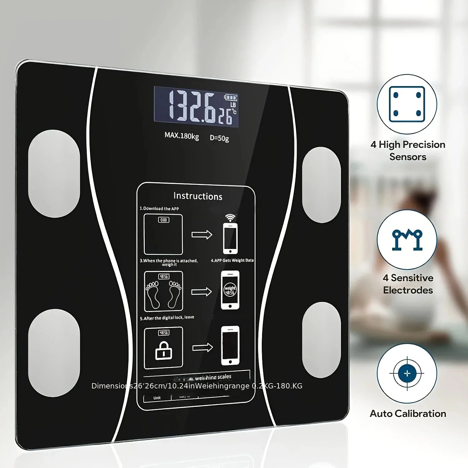 Aurenza Shop smart digital scale with LED display showing weight up to 400 lbs on a clean bathroom floor.