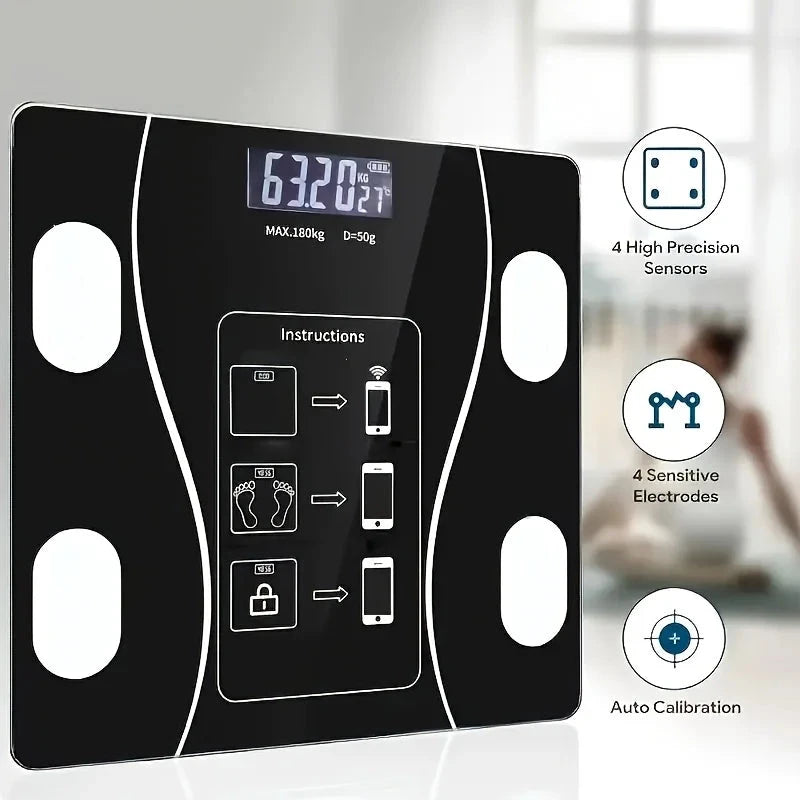 Aurenza Shop smart digital scale with LED display showing weight up to 400 lbs on a clean bathroom floor.