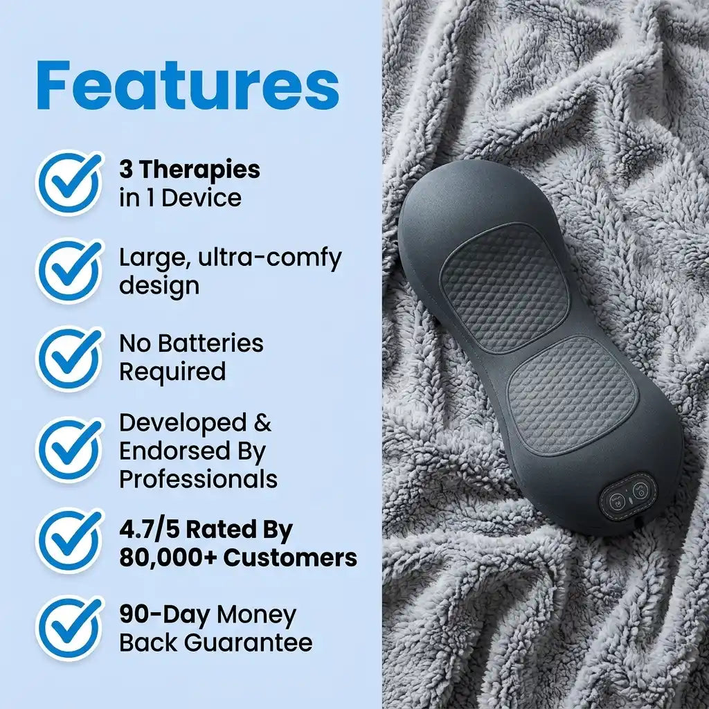 Aurenza Shop Triple Action Massager showing a handheld device with multiple massage heads and control buttons for relaxation.