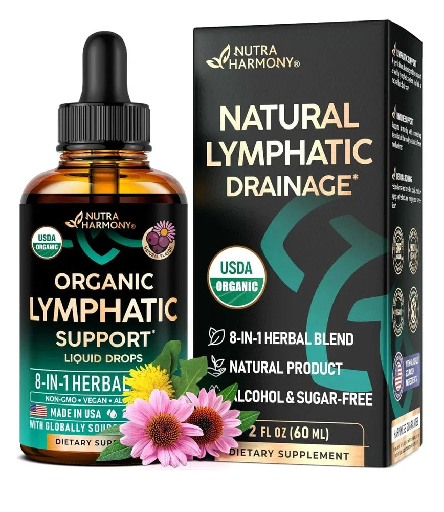 USDA Organic lymphatic drainage supplement by Aurenza Shop featuring echinacea, elderberry, and dandelion in capsule form.