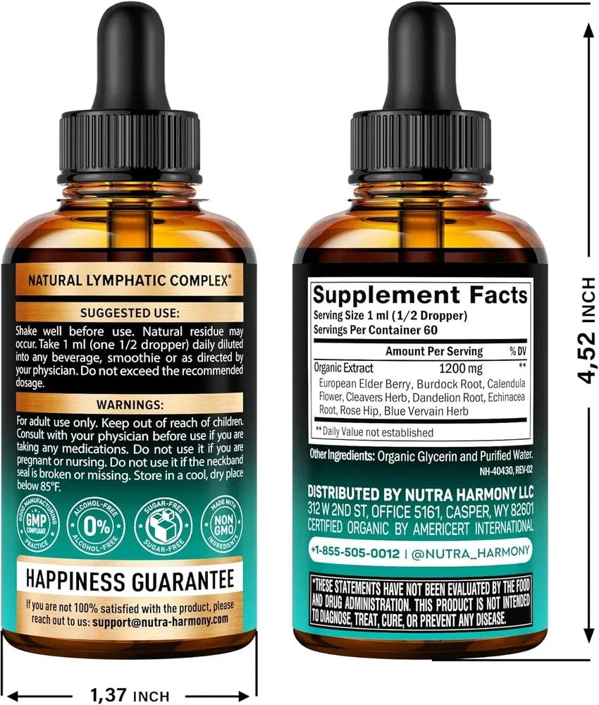 USDA Organic lymphatic drainage supplement by Aurenza Shop with echinacea, elderberry, and dandelion in a supplement bottle.