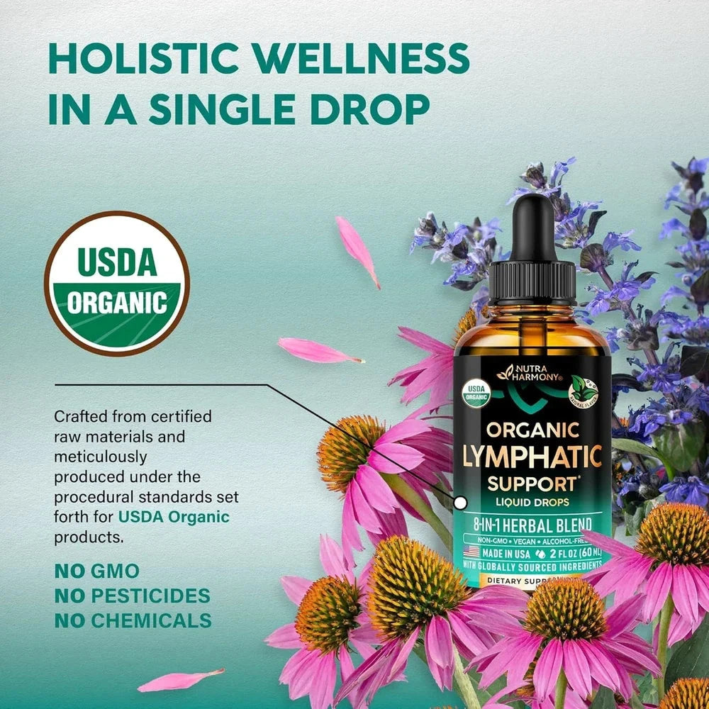 USDA Organic lymphatic drainage supplement by Aurenza with echinacea, elderberry, and dandelion in a supplement bottle.