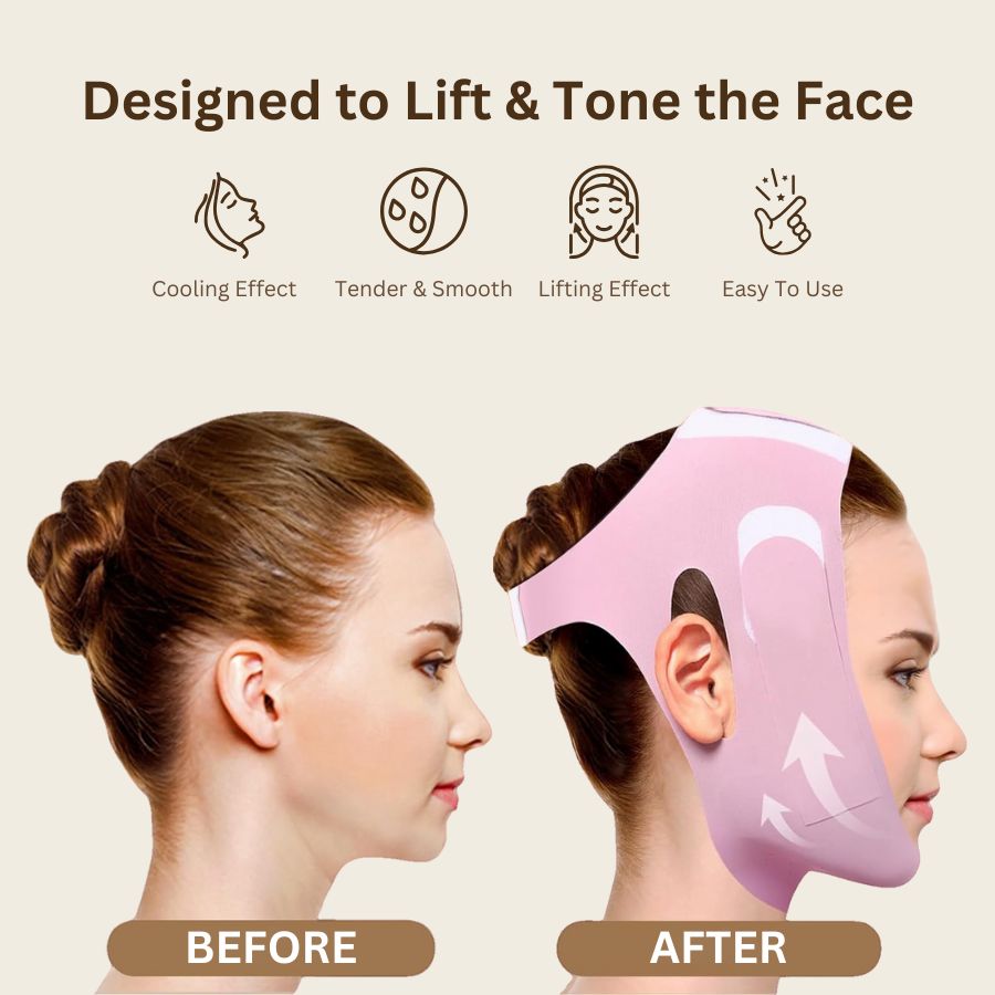 Reusable V-Lift Pro chin strap for a sculpted, toned jawline by Aurenza Shop, shown in white fabric with adjustable straps.