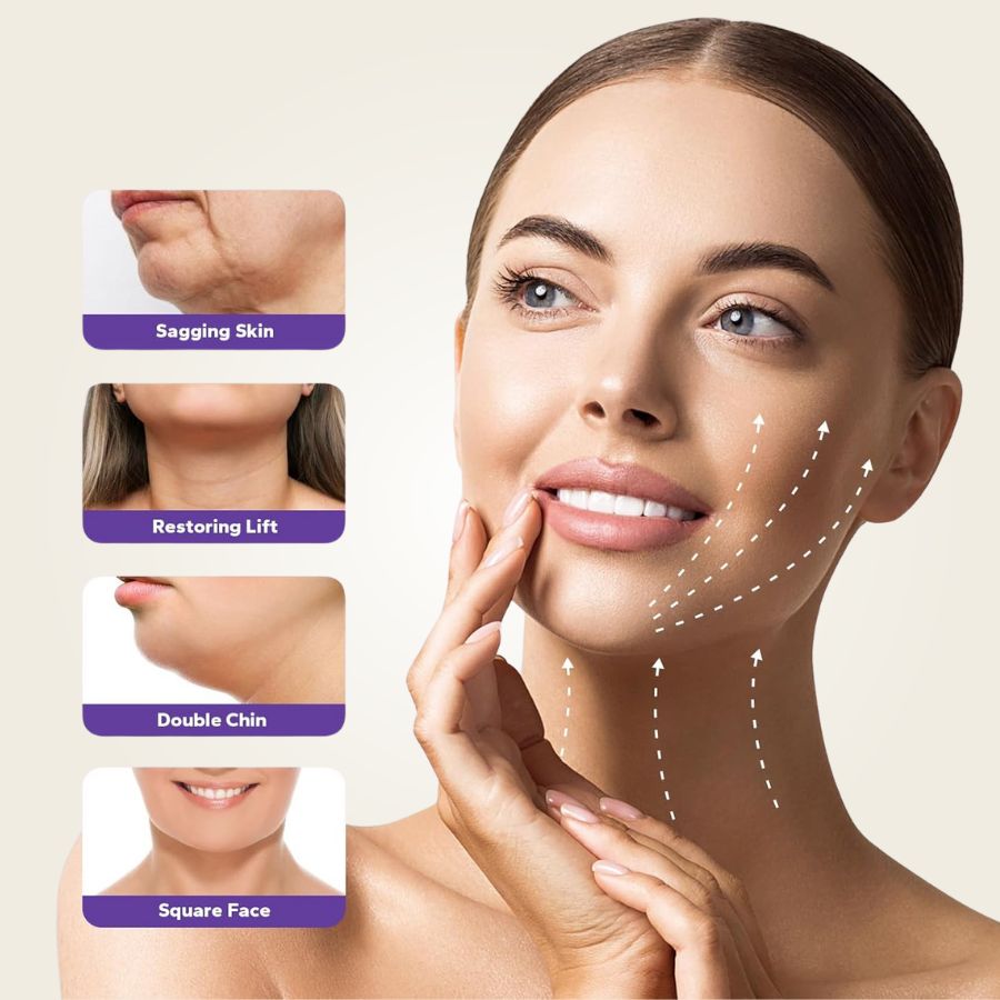 Reusable V-Lift Pro chin strap by Aurenza Shop for sculpted, toned jawline, shown in a close-up image of the strap on a model.