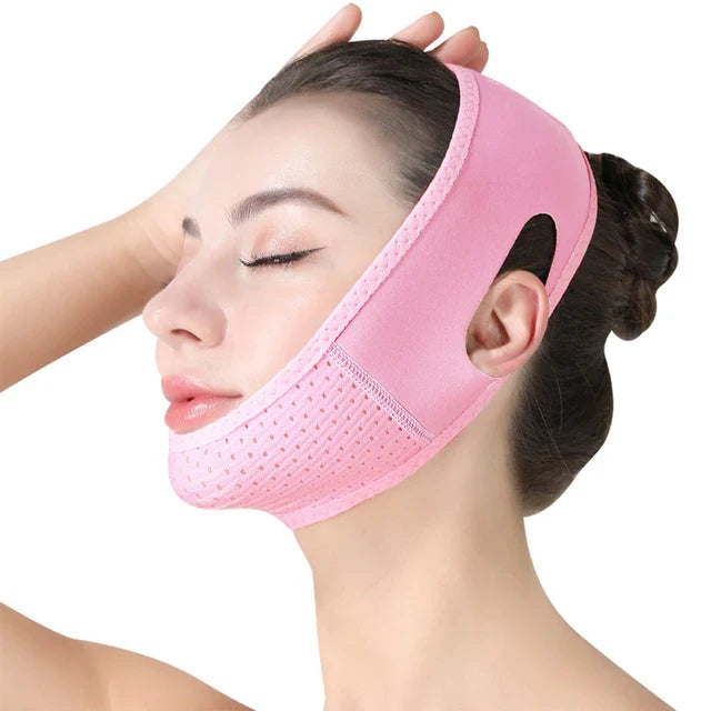 Aurenza V-Sculpt Cheek Lift and Slimming Strap shown on a model, designed to enhance cheek contour and facial slimming.