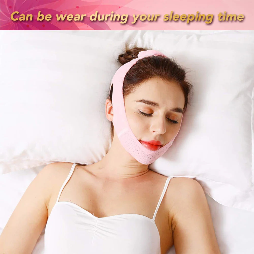 Aurenza V-Sculpt Cheek Lift and Slimming Strap shown on a model’s face for contouring and lifting benefits.