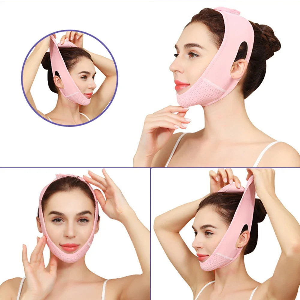 Aurenza V-Sculpt Cheek Lift & Slimming Strap worn on a woman's face demonstrating cheek lifting and contouring effect.
