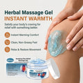 Warming herbal massage gel with ginger and herbal extracts, shown in a clear container with fresh ginger and herbs nearby.