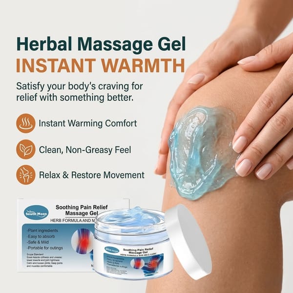 Warming herbal massage gel with ginger and herbal extracts, shown in a clear container with fresh ginger and herbs nearby.