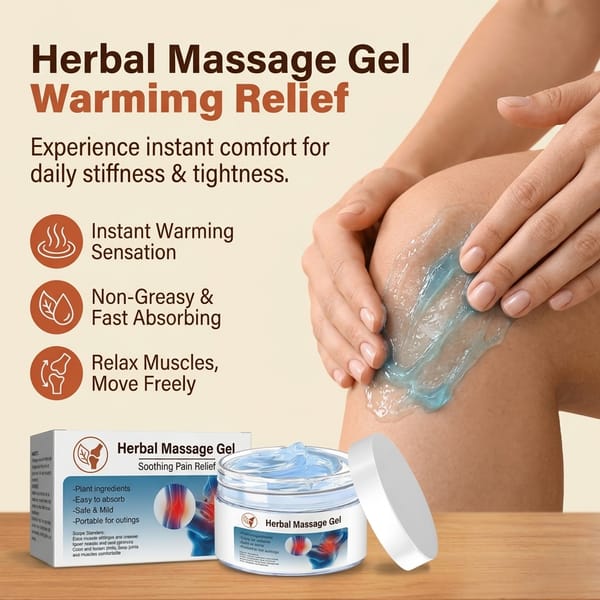 Aurenza Warming Herbal Massage Gel with ginger and herbal extracts, showing the gel tube with herbal ingredients and warming effect.