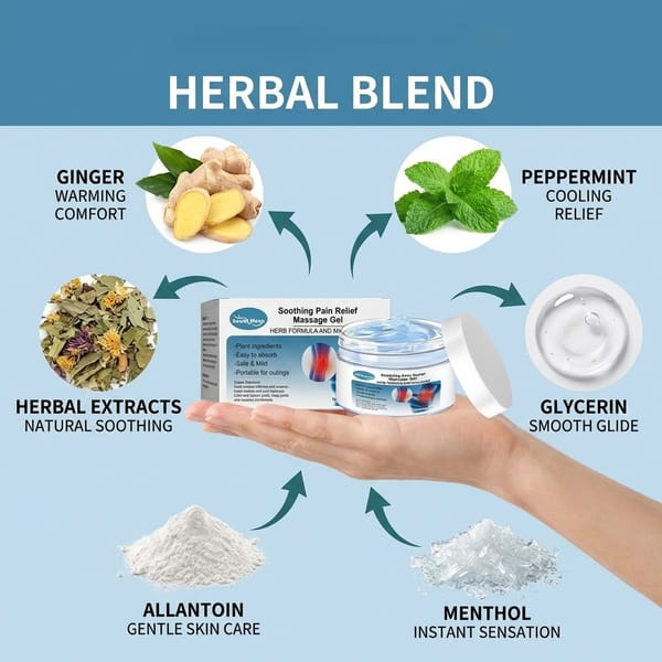 Aurenza Shop warming herbal massage gel with ginger and herbal extracts, showing the gel in a clear container with herbal ingredients.