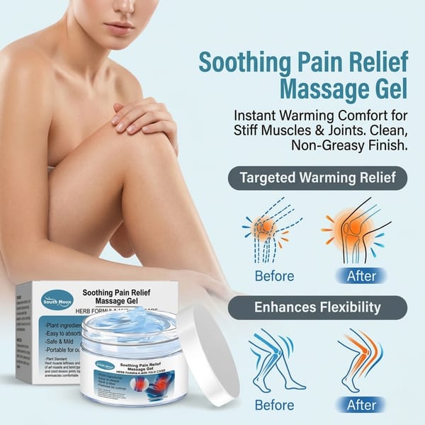 Warming herbal massage gel with ginger and herbal extracts, shown in a clear tube with a white cap and herbal ingredients visible.